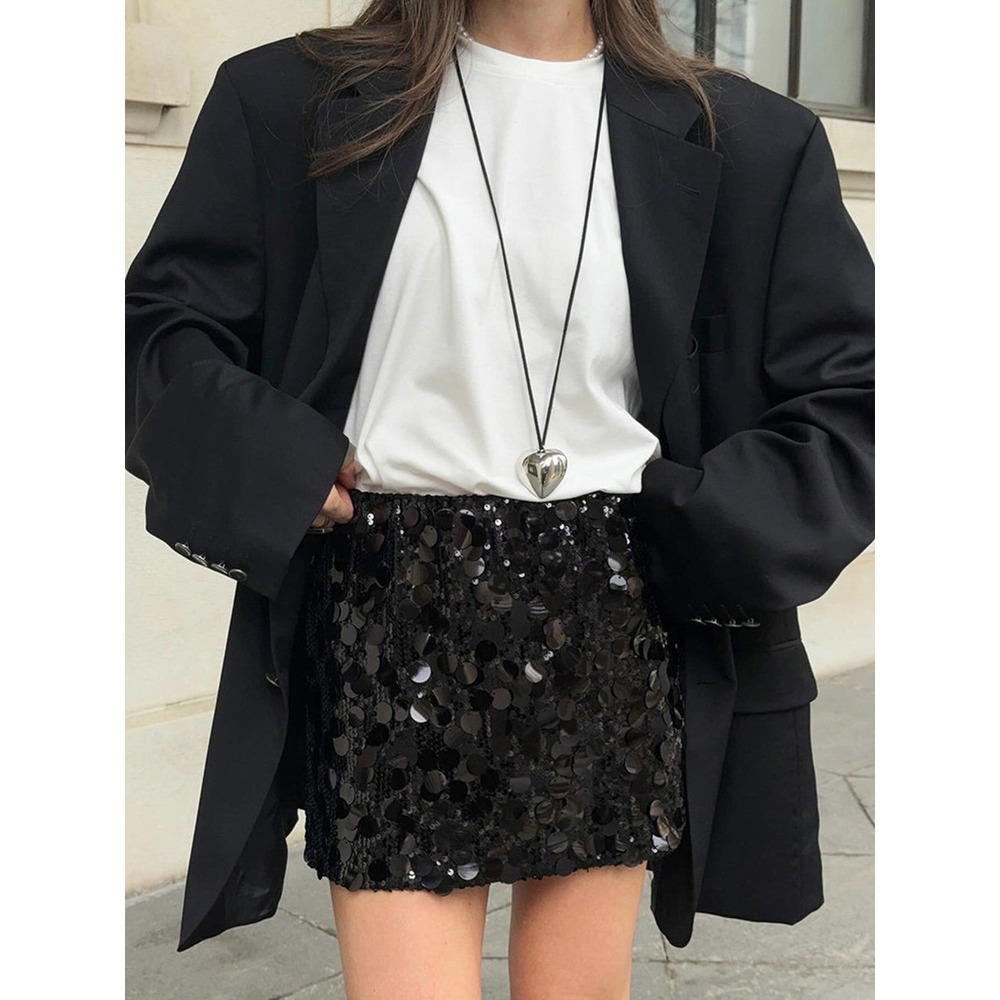 Commense Sequins Black Glam Mini Skirt with Sparkles - Perfect for Parties XS